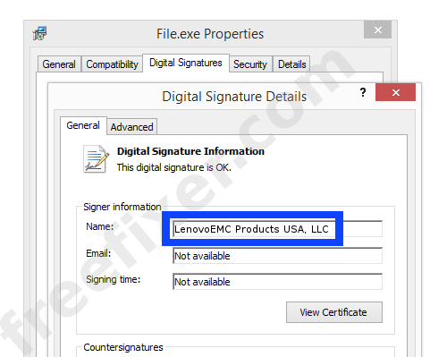 Screenshot of the LenovoEMC Products USA, LLC certificate